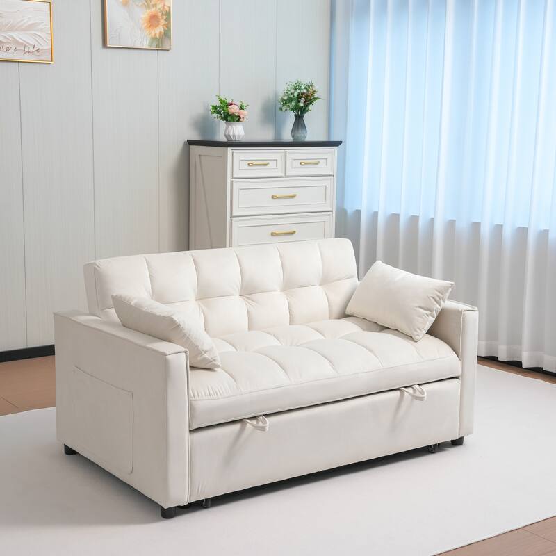 55.91" Velvet 4-Seater Sleeper Sofa with Storage & Adjustable Backrest