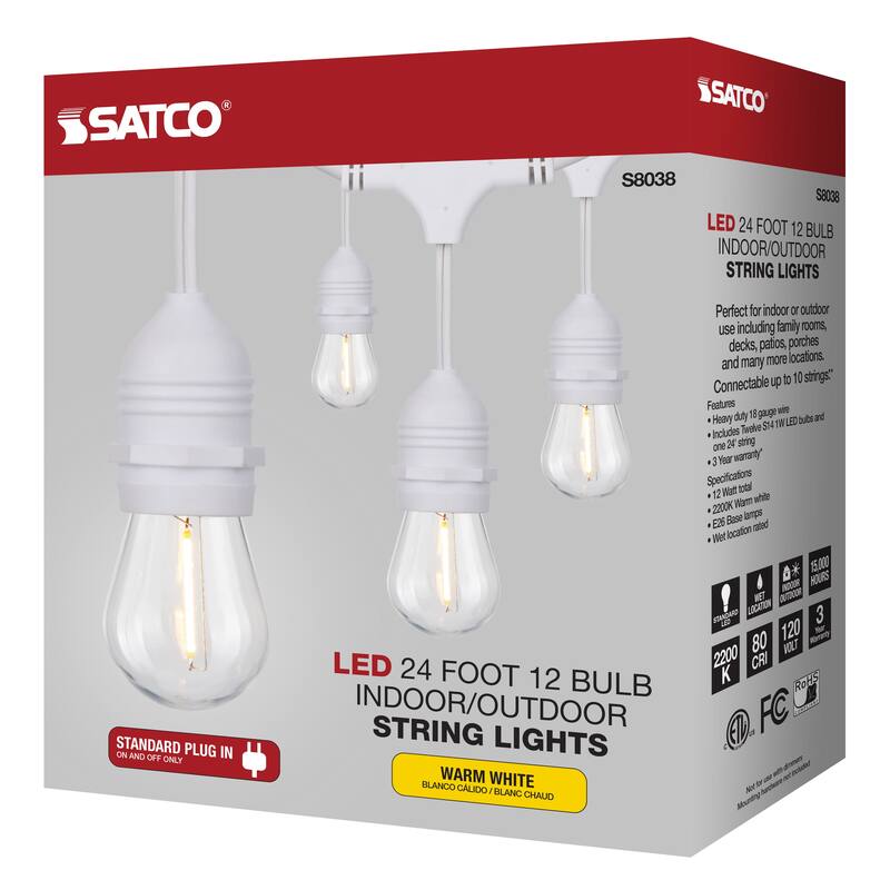24Ft LED String Light Includes 12-S14 bulbs 2000K White Cord