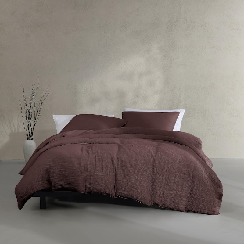 Calvin Klein Washed Texture Solid Cotton Duvet Cover Set - Dark Brown - Queen