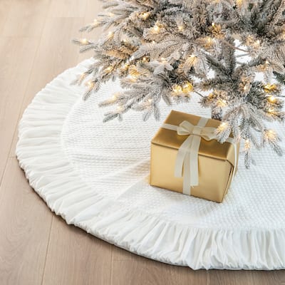 Glitzhome 60"D Oversized White or Red Velvet Ruffled Christmas Tree Skirt