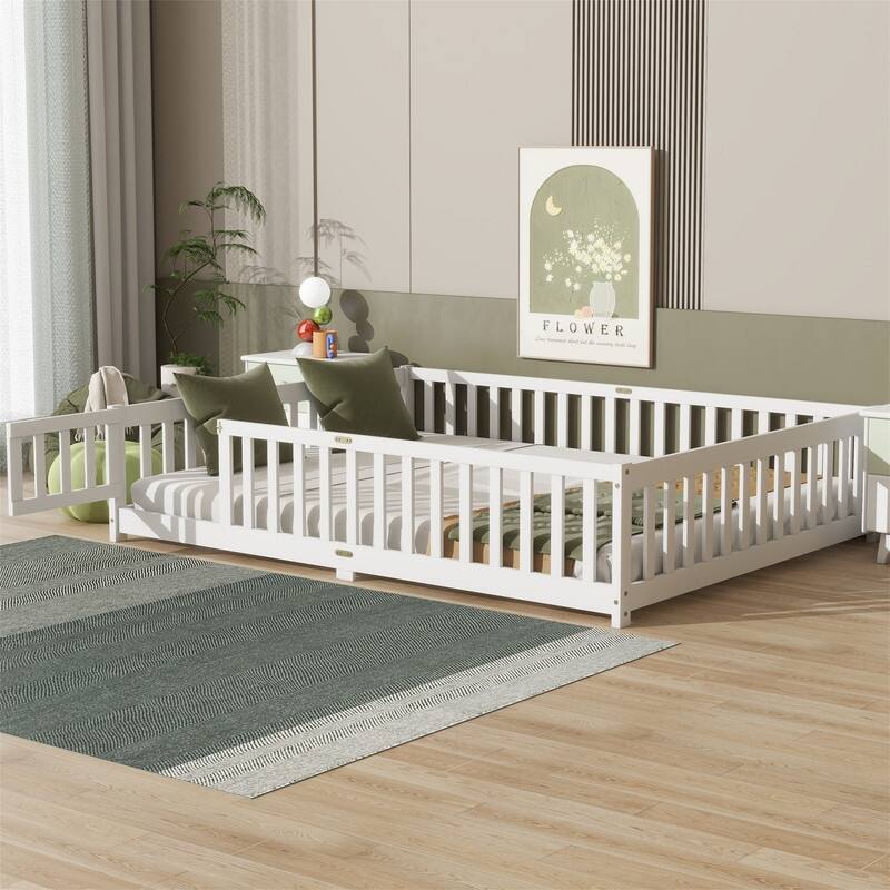 Twin/Full/Queen Size Floor Bed with Fence Guardrails and Door, Rubber Wood Toddler Bed Montessori Bed with Slats Support - White - Queen