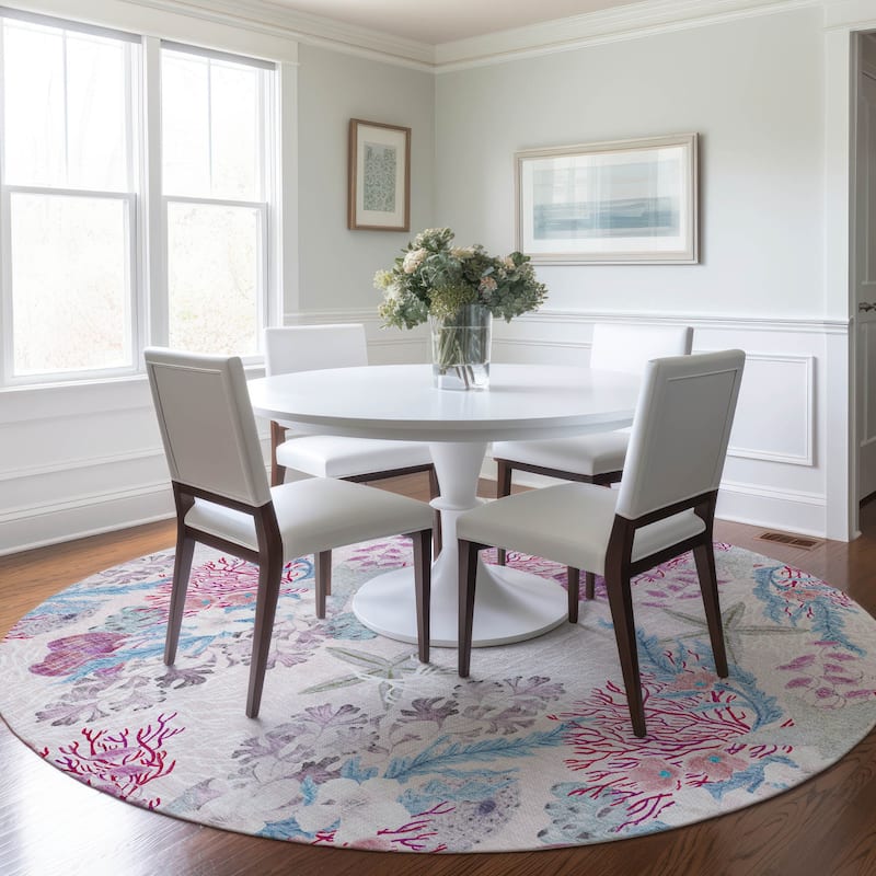 Premium Washable Super Soft Coral Starfish Coastal Mayfield Rug - Raspberry - 8' x 8' - Round