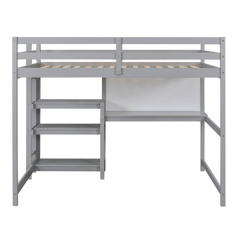 Multi-Functional Twin/Full Loft Bed with Built-In Desk, 3-Tier Shelves, and Writing Board, No Box Spring Needed, White/Grey