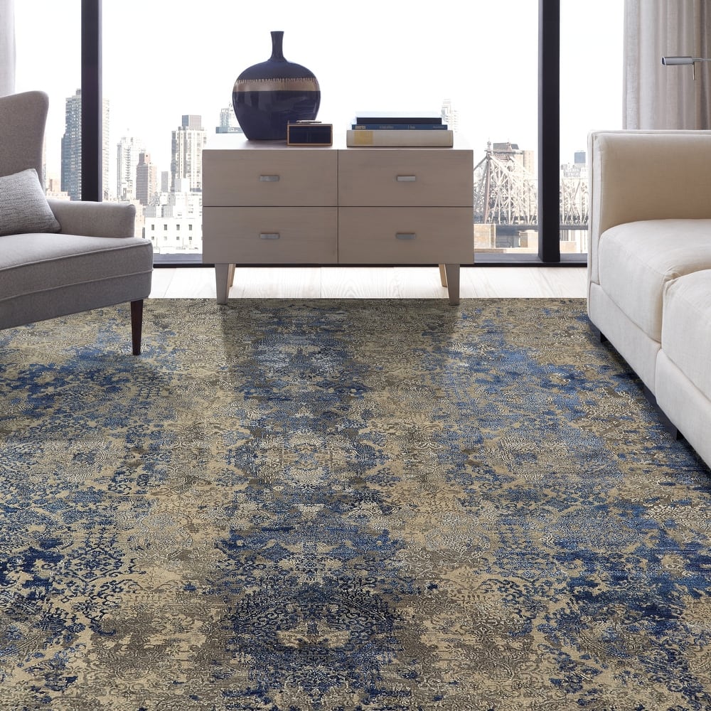 Modern Blue Hand-Knotted Wool & Viscose Area Rug