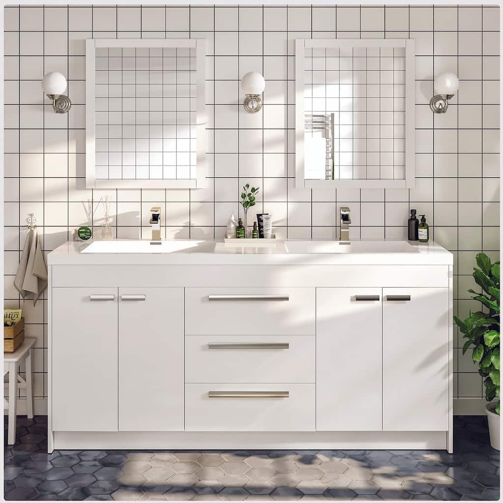 Eviva Lugano 60 inch White Modern Double Sink Bathroom Vanity with White Integrated Acrylic Top