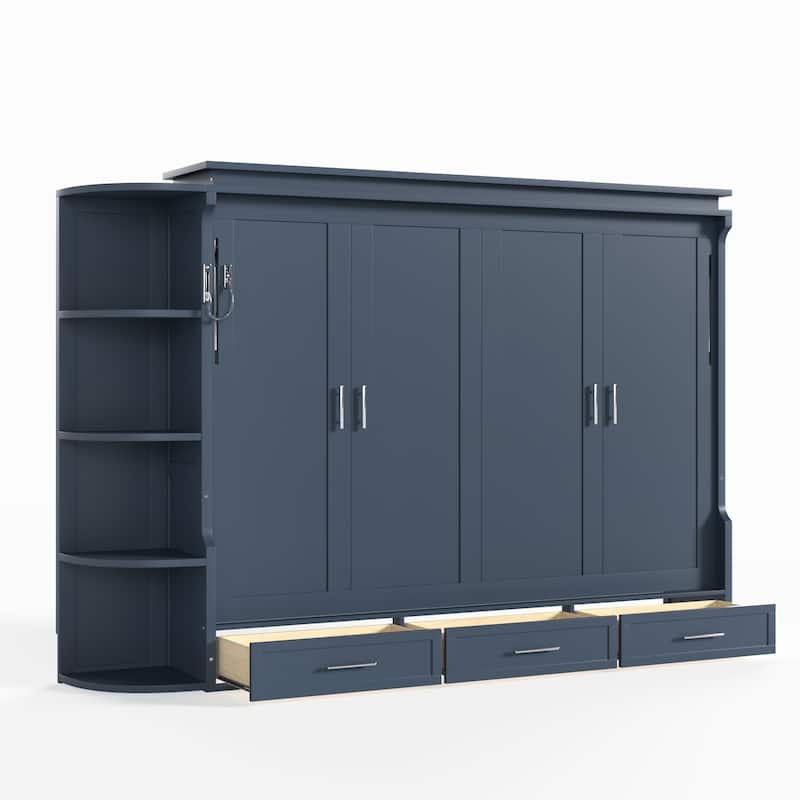 Murphy Platform Bed with Side Cabinets & Drawers, Wall Bed with Shelf for Home Office, Queen or Full