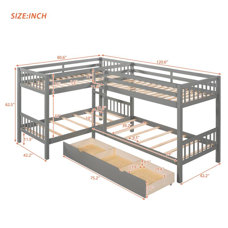 Twin Size LShaped Solid Wood 4 Beds Bunk Bed with Drawers, Builtin
