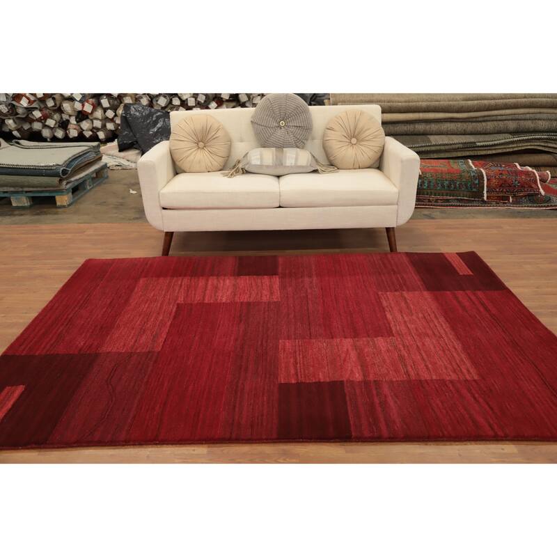 Hand Knotted Oriental 100% Wool Carpet Modern Geometric Red Gabbeh Area Rug - 7' 10'' X 5' 7''