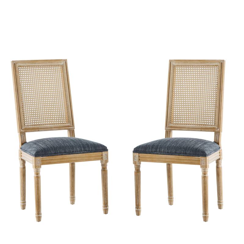[Set of 2] French Country Dining Chairs - Elegant Cane Backrest & Upholstered Seats with Fluted Legs - Rustic Weathered Finish