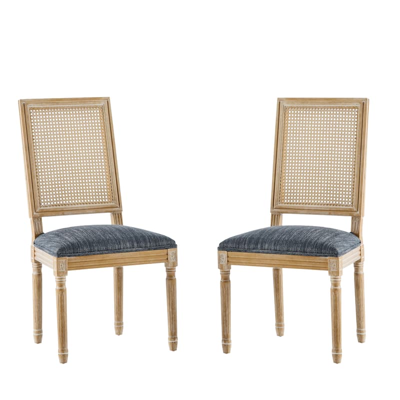 [Set of 2] French Country Dining Chairs - Elegant Cane Backrest & Upholstered Seats with Fluted Legs- Solid Rubberwood Frame