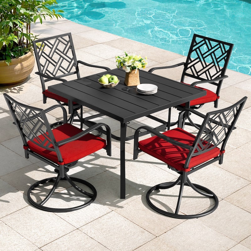 5PCS Metal Patio Dining Set with Umbrella Hole, Swivel Chairs with Cushions - Red & Black