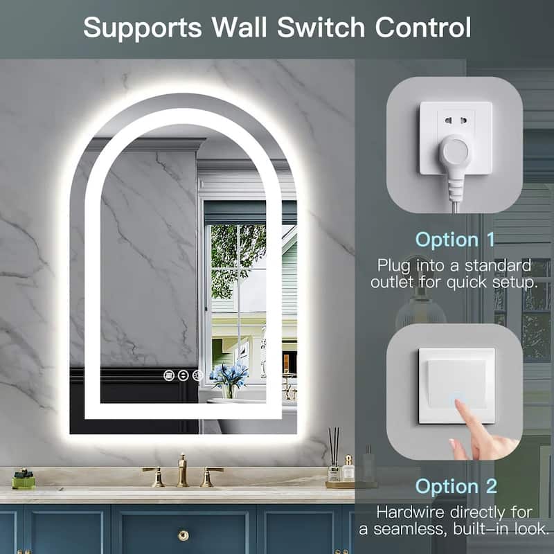 Full Size Arch Front & Back LED Lighted Anti-fog Tempered Glass Wall Bathroom Vanity Mirror, ETL Certified, 3-Year Warranty