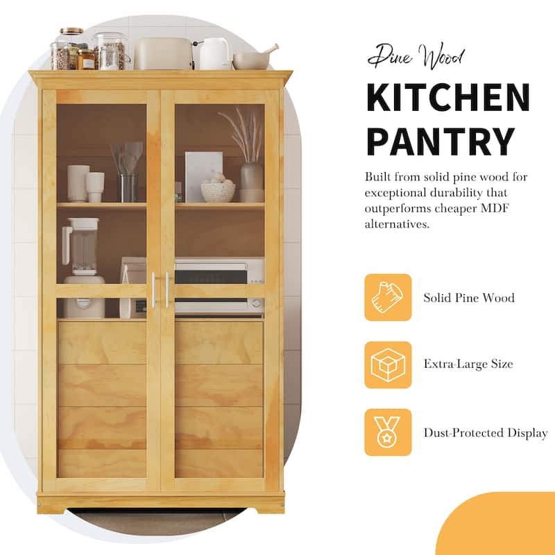 75" Solid Pine Wood Kitchen Pantry Cabinet with Glass Doors and 4 Drawers, Freestanding Storage Display Cabinet for Dining Room