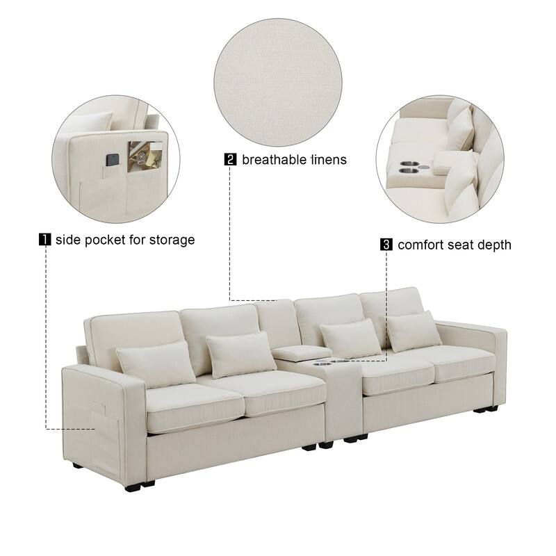114.2" Modern Linen Fabric Sectional Sofa with Central Console, 2 Cupholders and Charging Station,4 Pillows