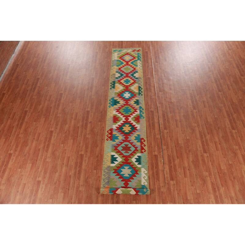 Hand Woven Oriental 100% Wool Carpet Southwestern Geometric Multi-Colored Kilim Runner Rug - 15' 11'' X 2' 7''