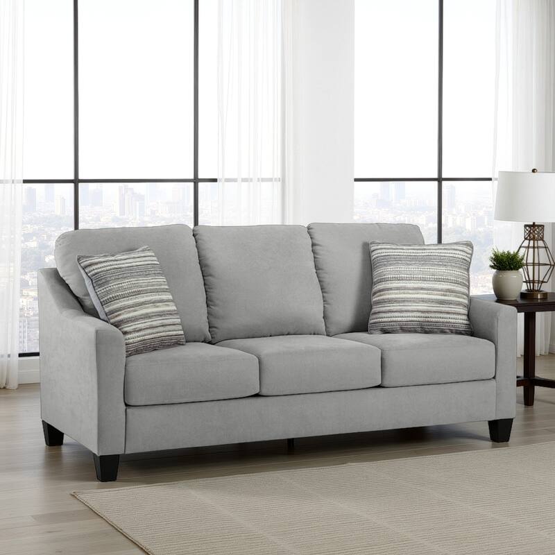 Blaire Sofa, Gray Polyester, 2 Accent Pillows, Black Wood, 80 Inch
