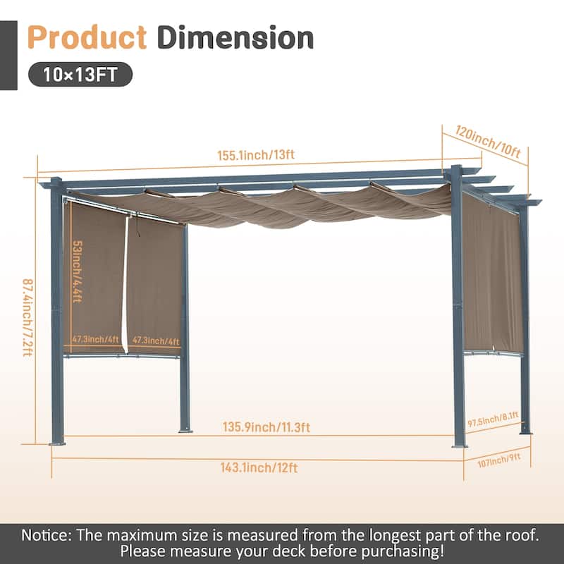Aoodor 13 x 10 FT Outdoor Pergola with Retractable Shade Canopy, 4 Pieces Roller Shade Curtain