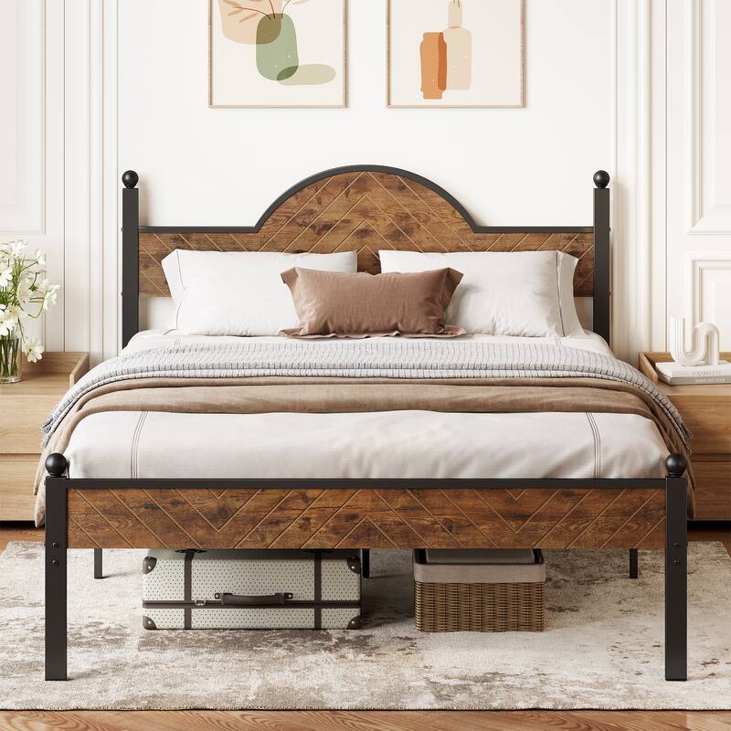 Platform Bed Frame with Wood Headboard and Footboard Under Bed Storage - Rustic Brown