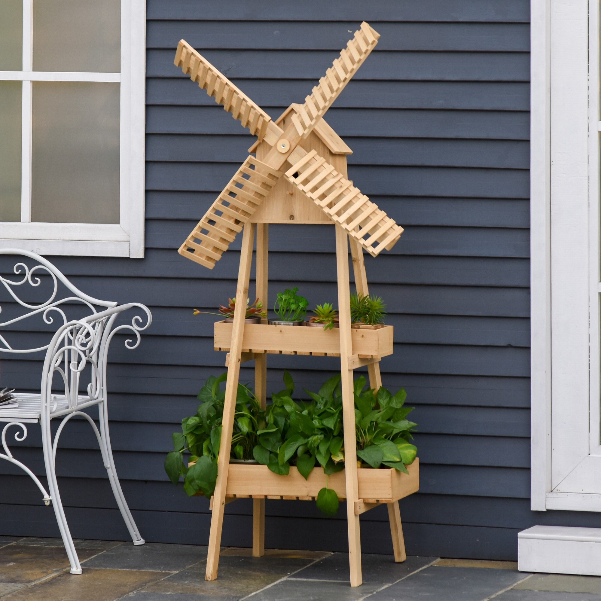 Outsunny 3' x 1' x 5' 2-Level Wooden Plant Shelf with Windmill