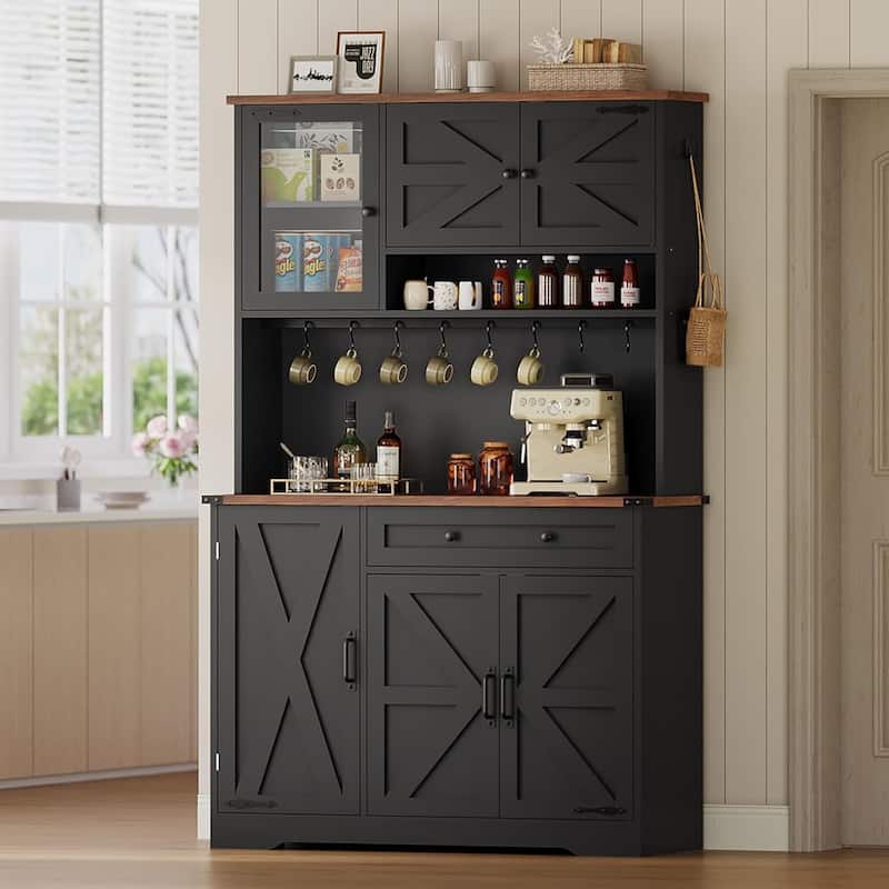 Farmhouse Kitchen Pantry Cabinet Drawer & Doors Adjustable Shelf