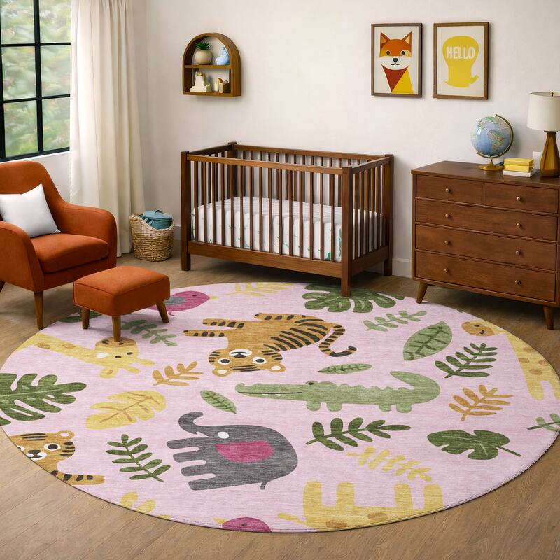 Machine Washable Indoor/ Outdoor Whimsy Safari Animals Chantille Rug