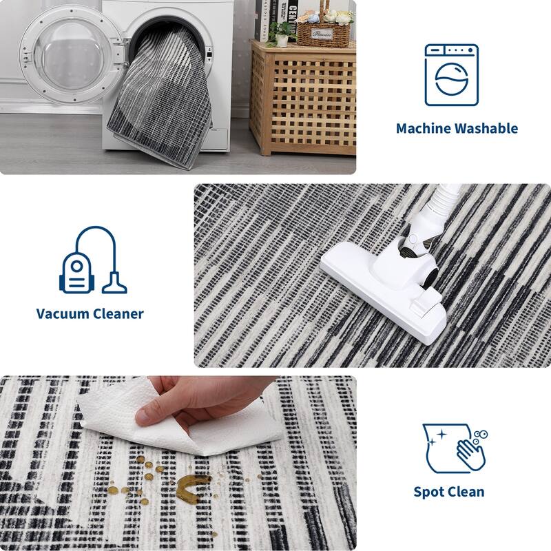 Washable Area Rugs Living Room Modern Geometric Stripes Rug Non Slip Low Pile Semi-Circle Pattern Rug