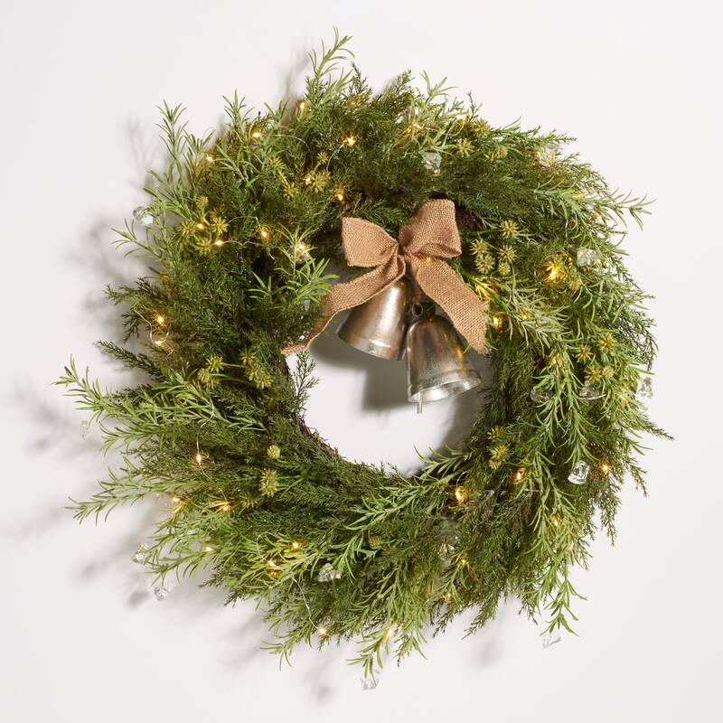 SAFAVIEH Doretta Faux 22 Inch Pine Led Wreath with Gold Bells - Green - 22" W x 22" D x 6" H - 22Wx22Dx6H