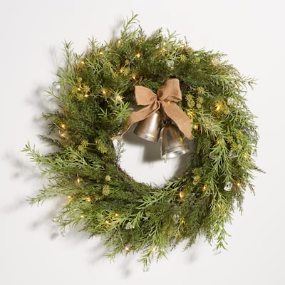 SAFAVIEH Faux 22 Inch Pine Led Wreath W/ Gold Bells - Green - 22" W x 22" D x 6" H