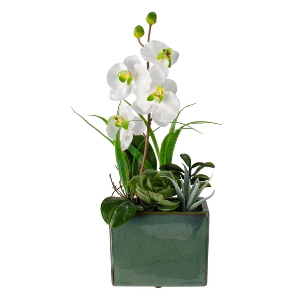 12" Potted Artificial Orchid and Succulents Flower Arrangement - N/A