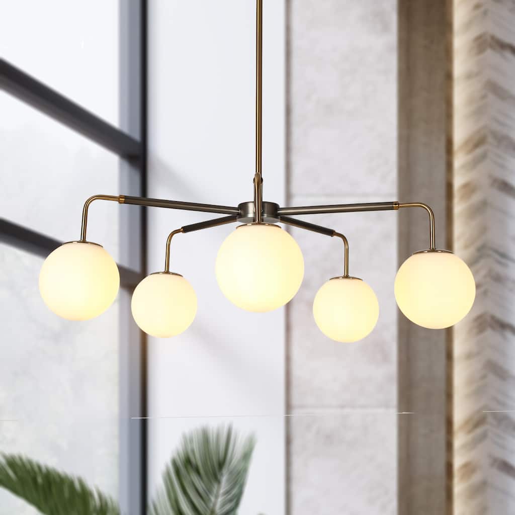 Aladari Mid-Century Modern Gold 5-Light Chandelier with Opal Orb Glass Shade - Brushed Black Nickel - D30.7" * H9.5"