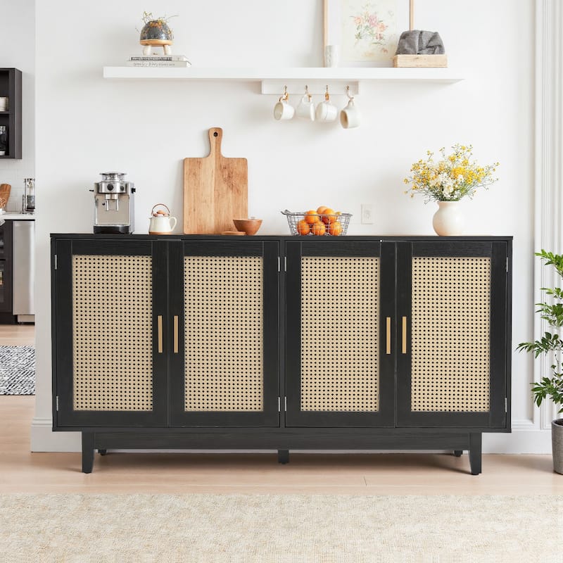 Modern 4 Door Wood Rattan Buffet Sideboard Storage Cabinet