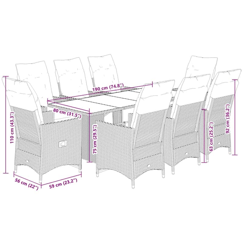 vidaXL Patio Dining Set with Cushions Table and Chairs Outdoor Black Poly Rattan - 23.2 x 22 x 36.2