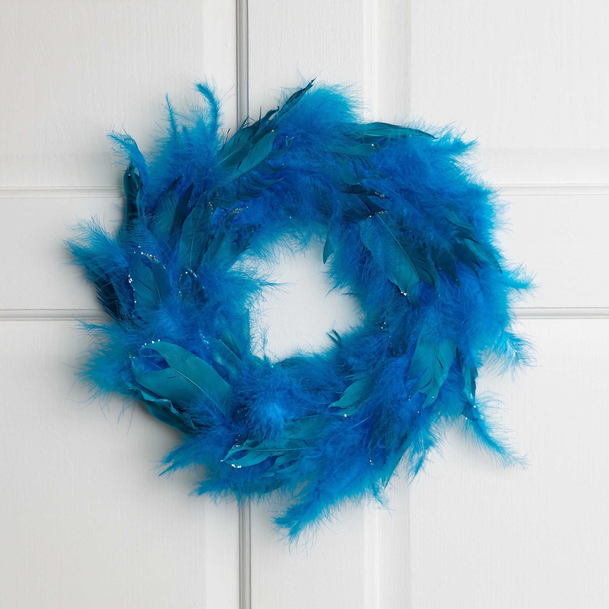 Two-Tone Feathers Glittered Christmas Wreath 14.5" Unlit Turquoise