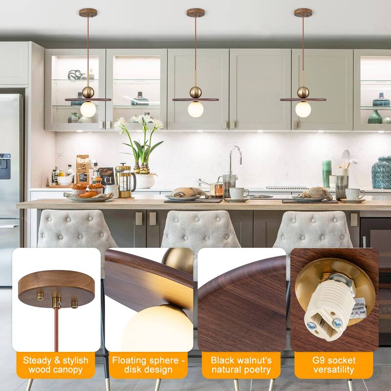 Modern Walnut Flying Saucer Pendant Light for Kitchen Island Lighting - Dia.12-in