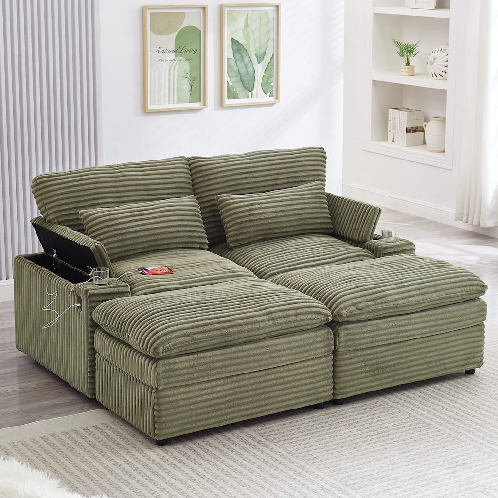 Loveseat Sofa Free-combined Sectional Convertible Sofa Bed with Storage Space, Two Movable Ottomans, Four USB Ports