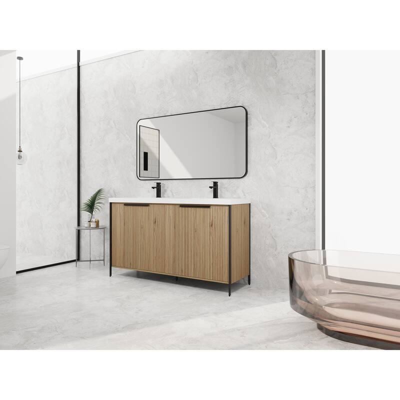 59-inch Double Sink Bathroom Vanity with Adjustable Shelves, Soft-Close Hinges, Resin Basin