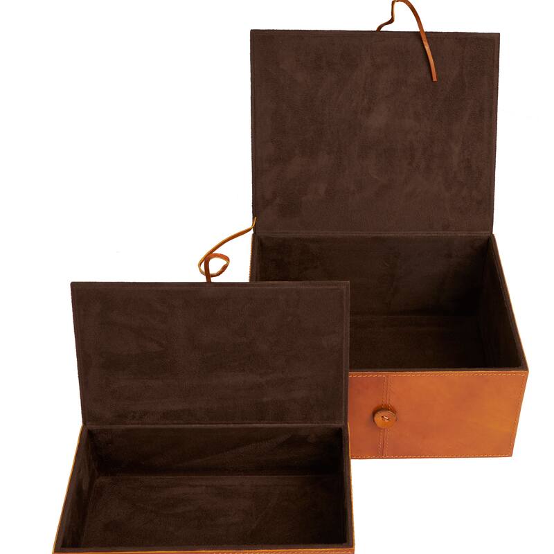 Brown Leather Storage Box with Snap Front Closure and Detailed Stitching (Set of 2)