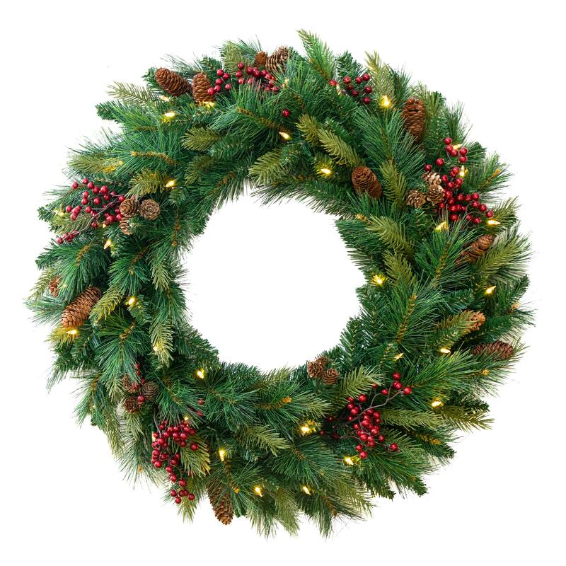 Traditional Woodland Berry Wreath B/O LED Lights (24", 30", 36")