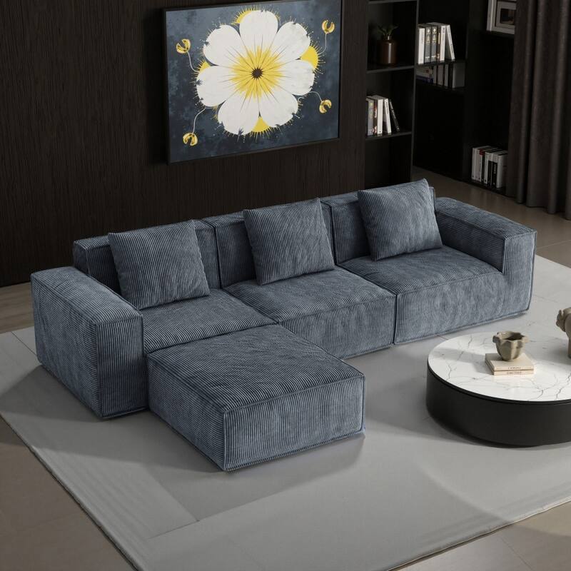 118Inch Modular Grey Soft Corduroy Cloud Velvet Fabric Free Conversion Sofa with Footrest