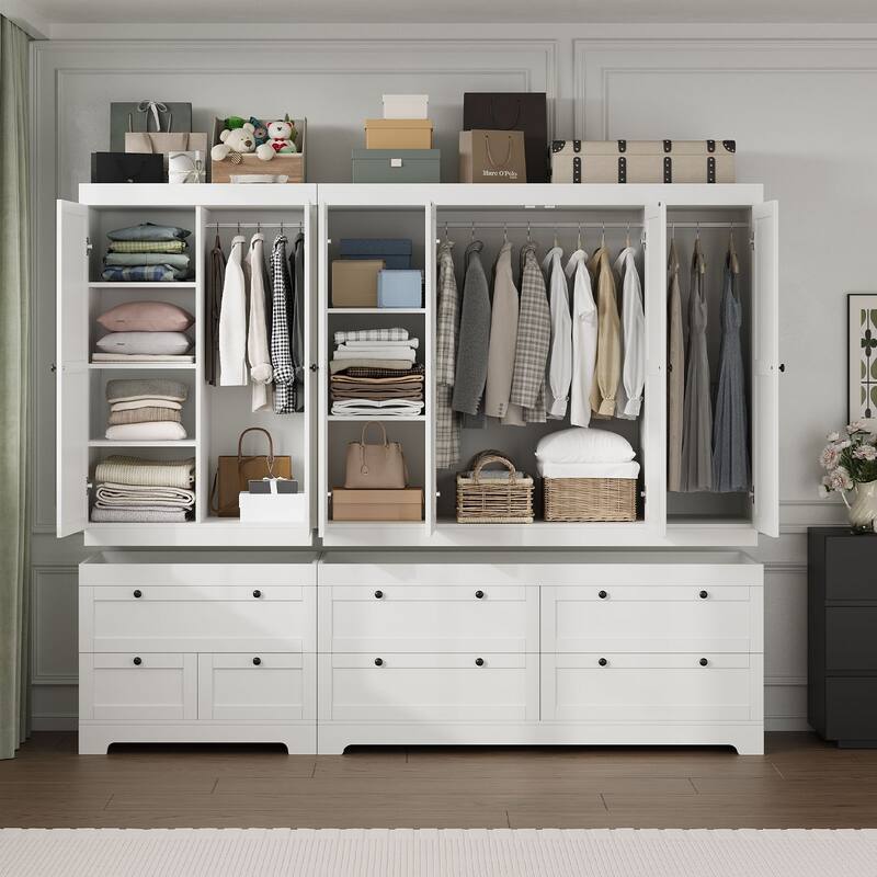 Gyomojoy Large White Wardrobe Closet with Drawers & Doors, Modular Armoire with Hanging Rods, Apartment & Dorm Storage