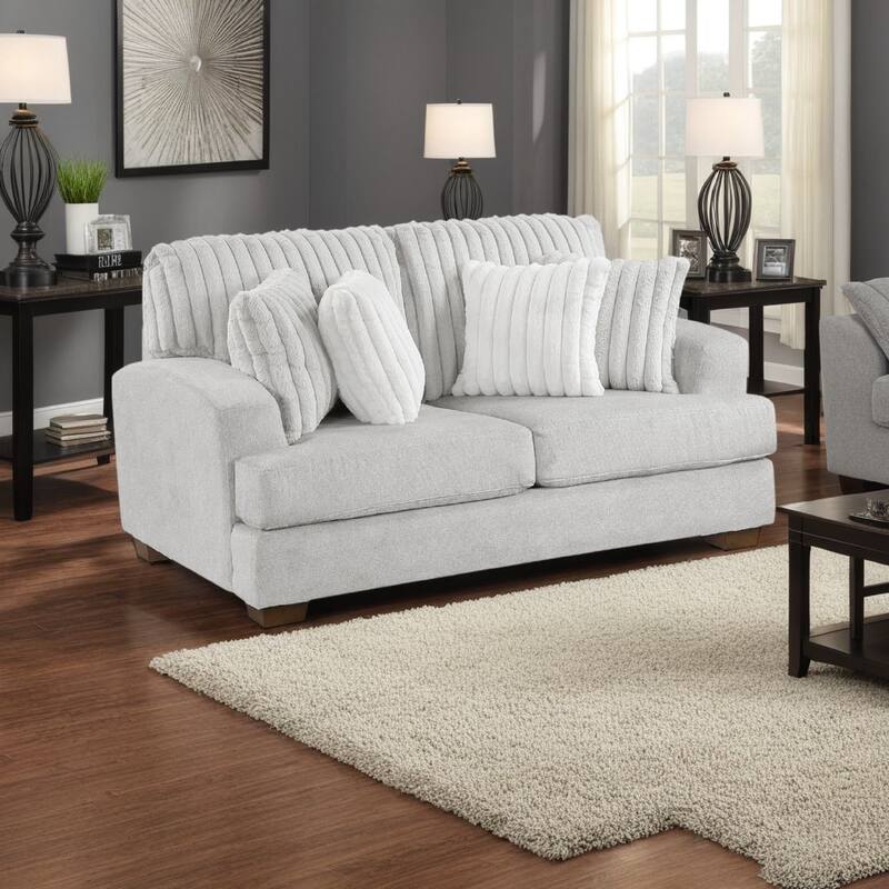 Witz Loveseat, 70 Inch, 4 Pillows, Ribbed Texture Light Gray Corduroy