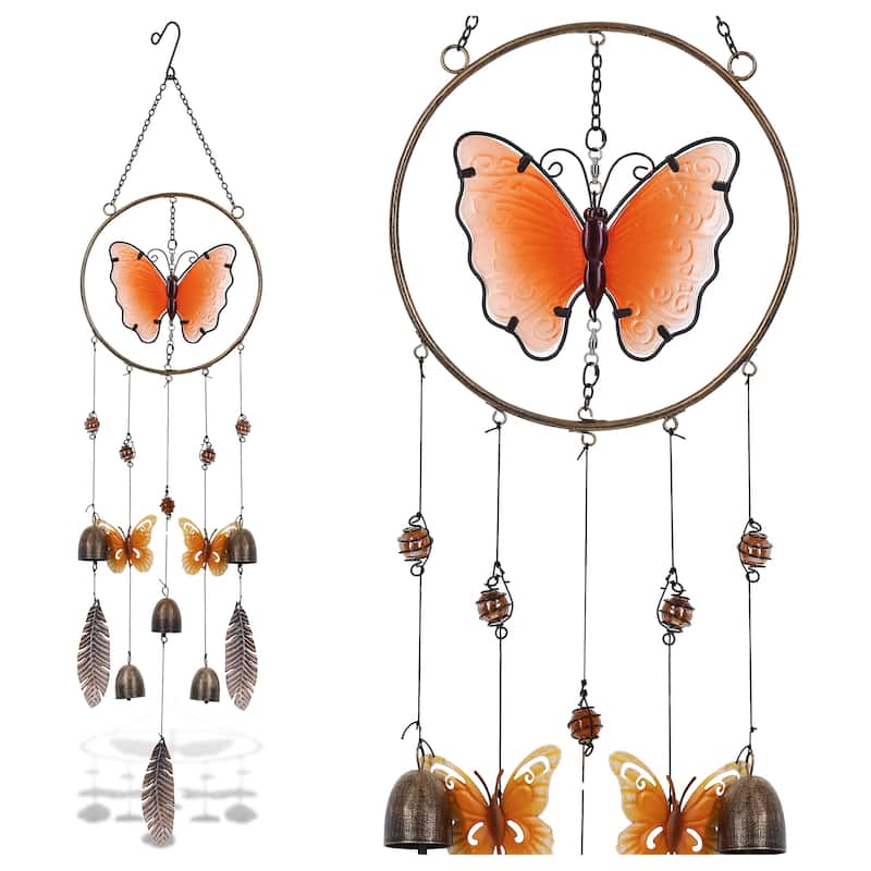 CoTa Global Orange Butterfly Hanging Metal Wind Spinner Wind Chime - 37 inches