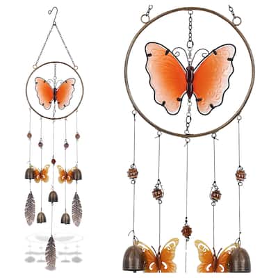 CoTa Global Orange Butterfly Hanging Metal Wind Spinner Wind Chime - 37 inches
