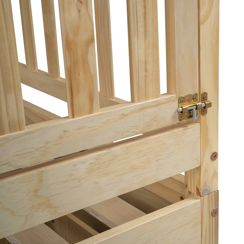 Full Size Wood Daybed with Fence Guardrails and 2 Drawers, Convertible to Floor Bed and Daybed, Natural Finish