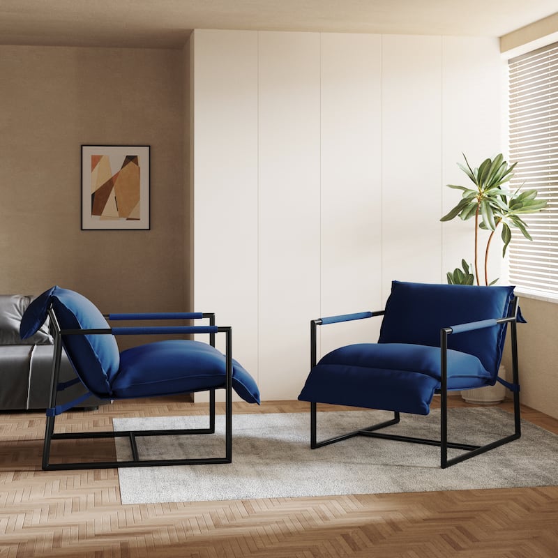 Mid-century Metal Sling Armchair with Lengthen Upholstered Set of 2