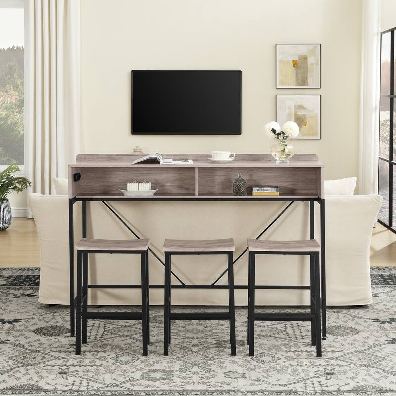 Counter Height Bar Table Set with Power Socket & LED Light, Farmhouse 4-Piece Dining Table Set with 3 Saddle Stools