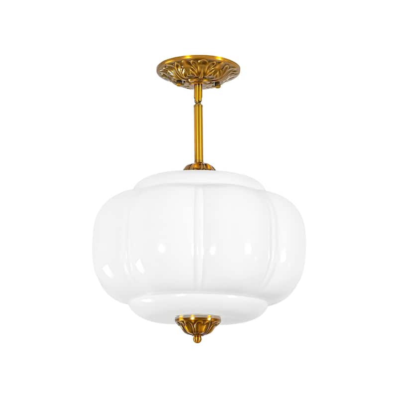 1-Light Retro Antique Brass Pumpkin Shaped Flush Mount Ceiling Light/Pendant Light with Milk/Green Glass for Kitchen,Dining Room