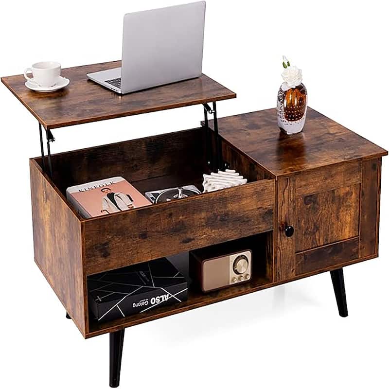 Lift Top Coffee Table Storage w/ Hidden Compartment Cabinet Open Shelf