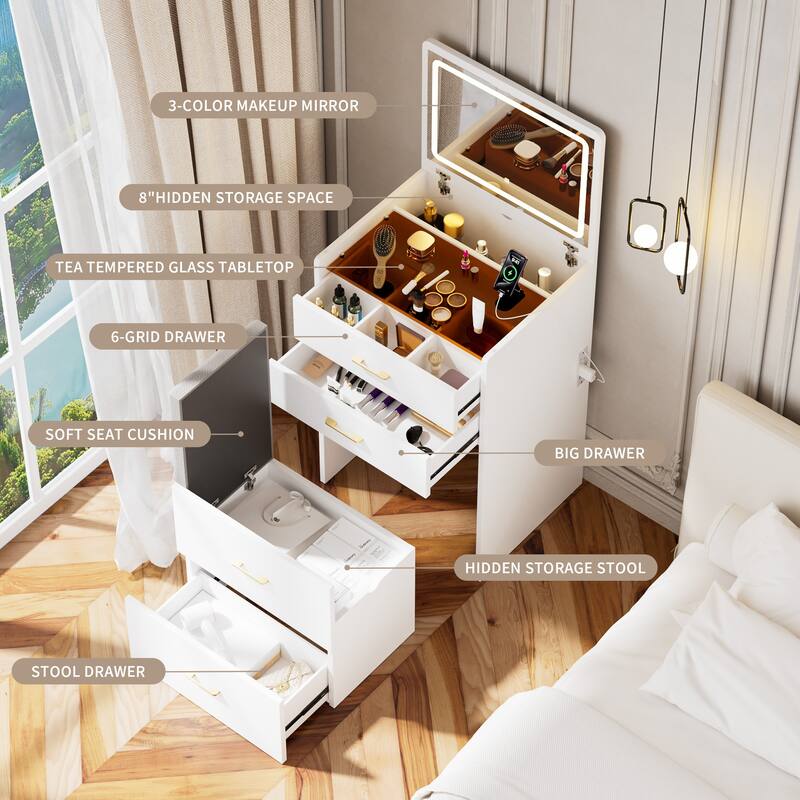 Compact Make-up Vanity Set with Visible Glass Desktop & Mirror, 3 in 1 Dressing Table Desk with Stool & Charging Station