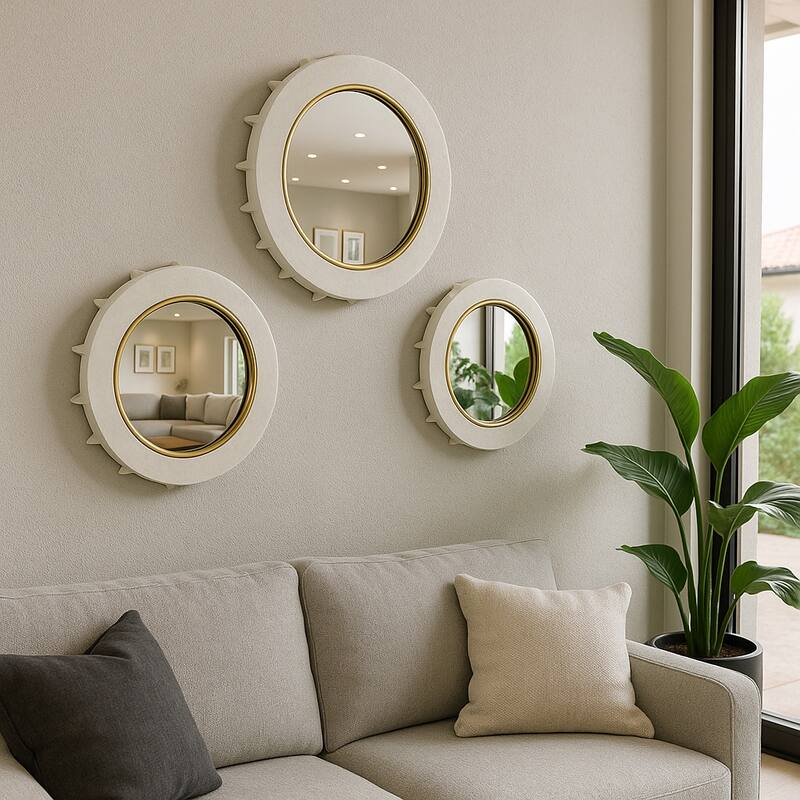 Resin Round Wall Mirrors, Set of 3 - White - 12", 15" - 18.0"